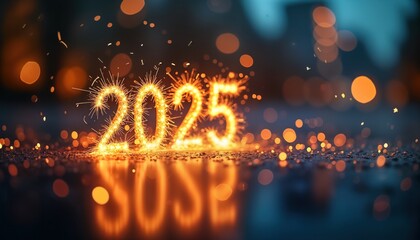 Poster - Sparklers form 2025. New years eve party. Festive golden bokeh lights. Bright abstract design. Holiday celebration background. Greeting card. Happy new year. Winter holidays. Night event. Year 2025