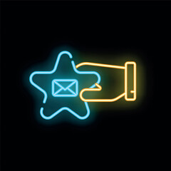 Poster - Neon sign illustrating a hand holding a star with a mail envelope inside on a black background