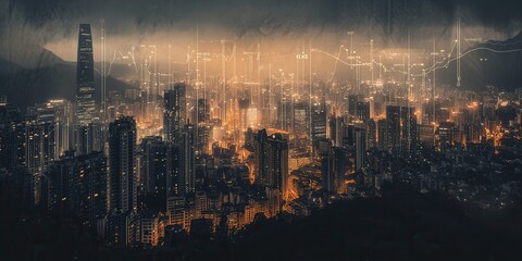 Poster - A panoramic view of a vibrant city skyline at night, illuminated by glowing lights amidst a misty atmosphere, creating a futuristic and dynamic ambiance.