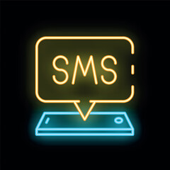 Poster - yellow notification bubble with the text sms written inside blinking on top of a smartphone, neon st