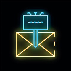 Poster - Neon icon of a billboard sticking out of an open envelope with glowing blue and yellow neon on a black background