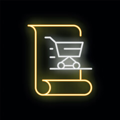 Poster - Neon sign showing a shopping cart moving on a document representing online shopping and e commerce