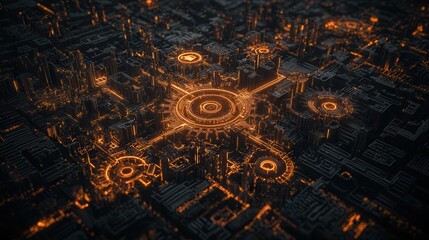 Fototapete - Aerial view of a futuristic cityscape illuminated with glowing circular patterns, showcasing an intricate network of structures and pathways.