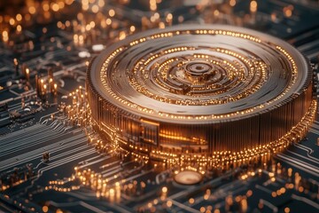 Poster - A detailed, close-up view of a glowing, circular component on a circuit board, showcasing intricate designs and vibrant lights.