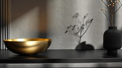 Poster - A golden bowl sits next to a minimalistic black vase on a dark shelf, illuminated by soft light creating shadows against the textured wall.