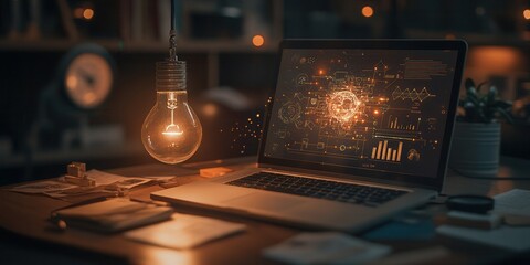 Poster - A cozy workspace featuring a laptop displaying data, complemented by a glowing light bulb, creating an inviting atmosphere for creativity and productivity.