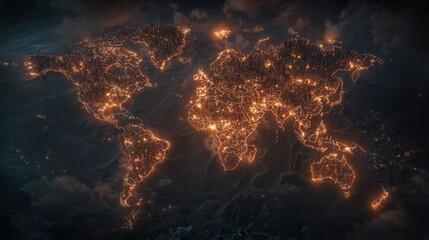 Fototapete - A stunning visual of a glowing world map, highlighting cities with a network of bright lights against a dark backdrop, symbolizing connectivity and global presence.