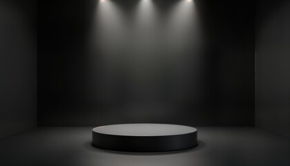 Poster - Empty black podium in dark room. Three spotlights illuminate stage. Modern interior design. Minimalist space. Product presentation. Gallery display. Event backdrop. Luxury branding. Abstract concept.