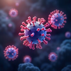 Poster - Glowing virus particles float. Microscopic view of influenza virus. Medical illustration. Disease transmission. Global health. Respiratory illness. Infection. High tech. Science. Biohazard. Medical