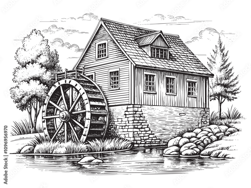 Old water mill sketch hand drawn drawing vector illustration Stock ...