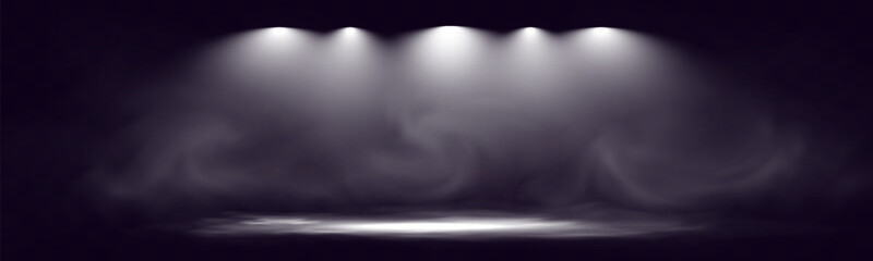 Aufkleber - 	
Spotlights shining down in a dark, misty atmosphere, creating a dramatic stage or stadium effect with beams of light piercing through the haze. Ideal for themes related to performances, events.	