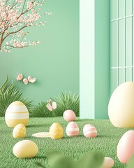 Wall Mural - Colorful Easter eggs on fresh grass landscape.