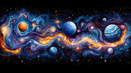 Wall Mural - Vibrant cosmic river flows through nebulae, planets, and stars in deep space.