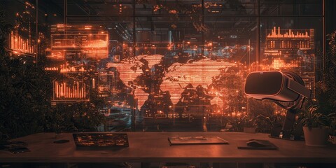 Fototapete - A futuristic workspace features a glowing world map, data visualizations, and a sleek desk, creating a tech-savvy atmosphere.
