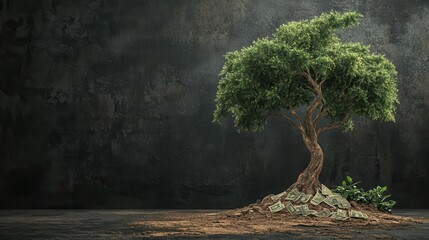 Poster - A solitary tree stands resiliently on a rocky surface against a dark, textured background, symbolizing strength and perseverance in nature.