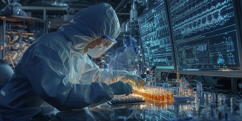 Poster - A scientist in protective gear analyzes data on multiple screens while working with laboratory equipment in a high-tech lab environment.