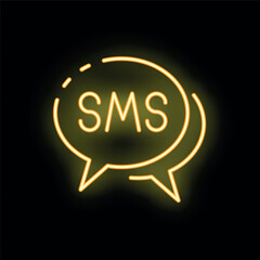 Poster - Bright yellow neon sms speech bubble is glowing on a black background
