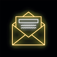 Poster - Neon sign of an open envelope with a letter sticking out of it, on a black background