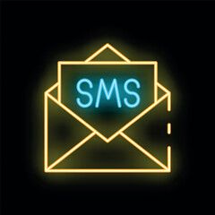 Poster - Neon icon of an envelope with an sms message notification popping out, glowing on a black background