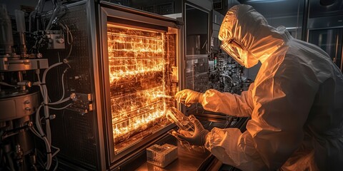 Poster - A technician in protective gear operates a glowing scientific apparatus, showcasing a detailed view of intricate machinery and glowing elements within a laboratory setting.