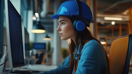 Poster - Young Female Engineer Wearing Stylish Headphones and Blue Hard Hat