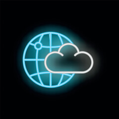 Poster - Neon sign representing global cloud computing, featuring a blue globe with a white cloud