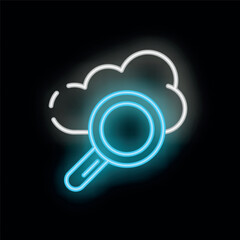 Poster - Neon icon of a magnifying glass exploring a cloud, symbolizing cloud computing research