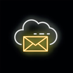 Poster - Yellow neon icon of an email message sending to cloud storage on black background