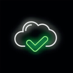 Poster - Neon green check mark glowing inside a cloud computing icon on black background representing cloud data storage security