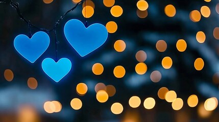 Poster - Blue heart is hanging from a string. There are two other blue hearts hanging from the string. The hearts are illuminated and appear to be glowing