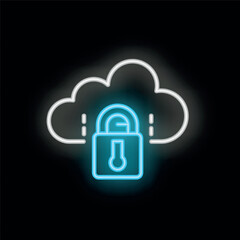 Poster - Neon icon showing a cloud with a padlock, representing secure cloud computing and data protection