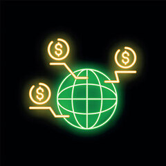 Poster - Neon sign illustrating the concept of global finance with a green globe and dollar signs