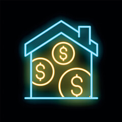 Poster - Glowing neon line house with dollar sign icon isolated on black background. Concept of home finance, buying, selling, renting, mortgage and rent. Vector illustration