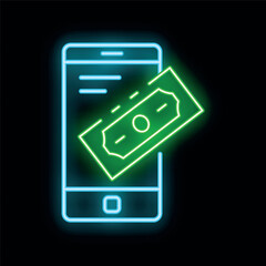 Poster - Neon sign representing mobile payment with a smartphone and a banknote for online shopping concept