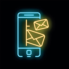 Poster - Bright neon icon of smartphone displaying incoming email notifications on dark background