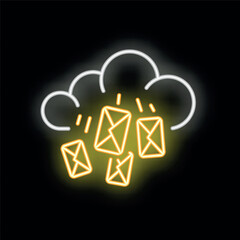 Poster - Bright yellow neon sign of a white cloud raining down envelopes on a black background
