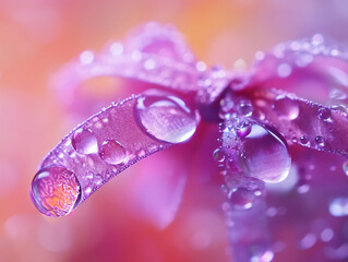 Poster - Close-up view of vibrant purple flower with dew droplets glistening in soft light during morning hours
