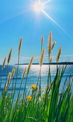 Wall Mural - vertical view of a field of tall green grass by a calm reflective sea with bright sunlight