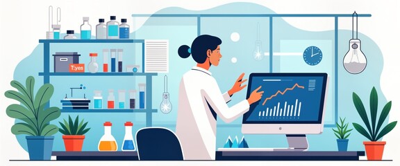 Poster - Lab scientist analyzes research data on computer. Graph shows experiment results. Works in modern science lab. Biology chemistry study. Innovative tech used. Data analysis process. Science research.
