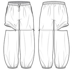 unisex drawstring elastic waist convertible trouser flat sketch vector illustration active pant fron