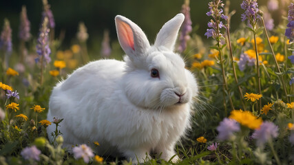 Fluffy white bunny sitting among colorful wildflowers in a sunlit meadow