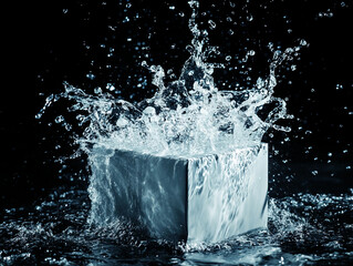 Aufkleber - Water splashes dramatically around a metallic cube dropped into a dark pool at night