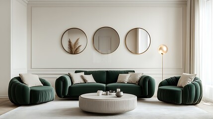 A living room with three mirrors on the wall and beautiful sofa