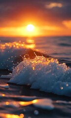 Wall Mural - a beautiful sunset over the ocean with a wave crashing in the background, vertical