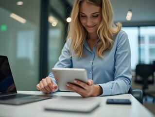 Wall Mural - Business Gadgets. Unrecognizable Office Girl Using Tablet And Laptop Computer Working At Workplace. Cropped