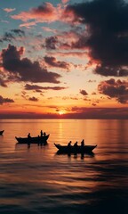 Wall Mural - a group of people are in boats on a lake, with the sun setting in the background
