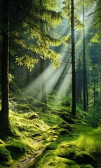 Wall Mural - a forest path is lined with trees and is covered in moss