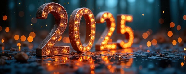 Poster - Glowing 2025 New Year numbers stand in dark forest. Sparkling lights surround digits. Festive winter night scene. Perfect for holiday cards websites. Happy New Year celebration. Ideal for calendar