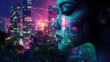 © Thiago - Cityscape and woman face merged a dreamlike night in the urban jungle. Vivid Urban Jungle. Illustration