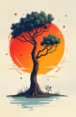 Fototapete - Tree stands on island. Sunset background. Minimalist art print. Graphic design. Bright colors. Nature scene. Modern artwork. Simple illustration. Graphic. Wallpaper design. Cool image. Trendy style.
